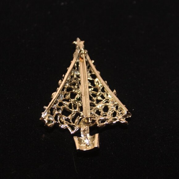 Vintage Gold Tone Christmas Tree with Red and Clear Rhinestones - Picture 5 of 10